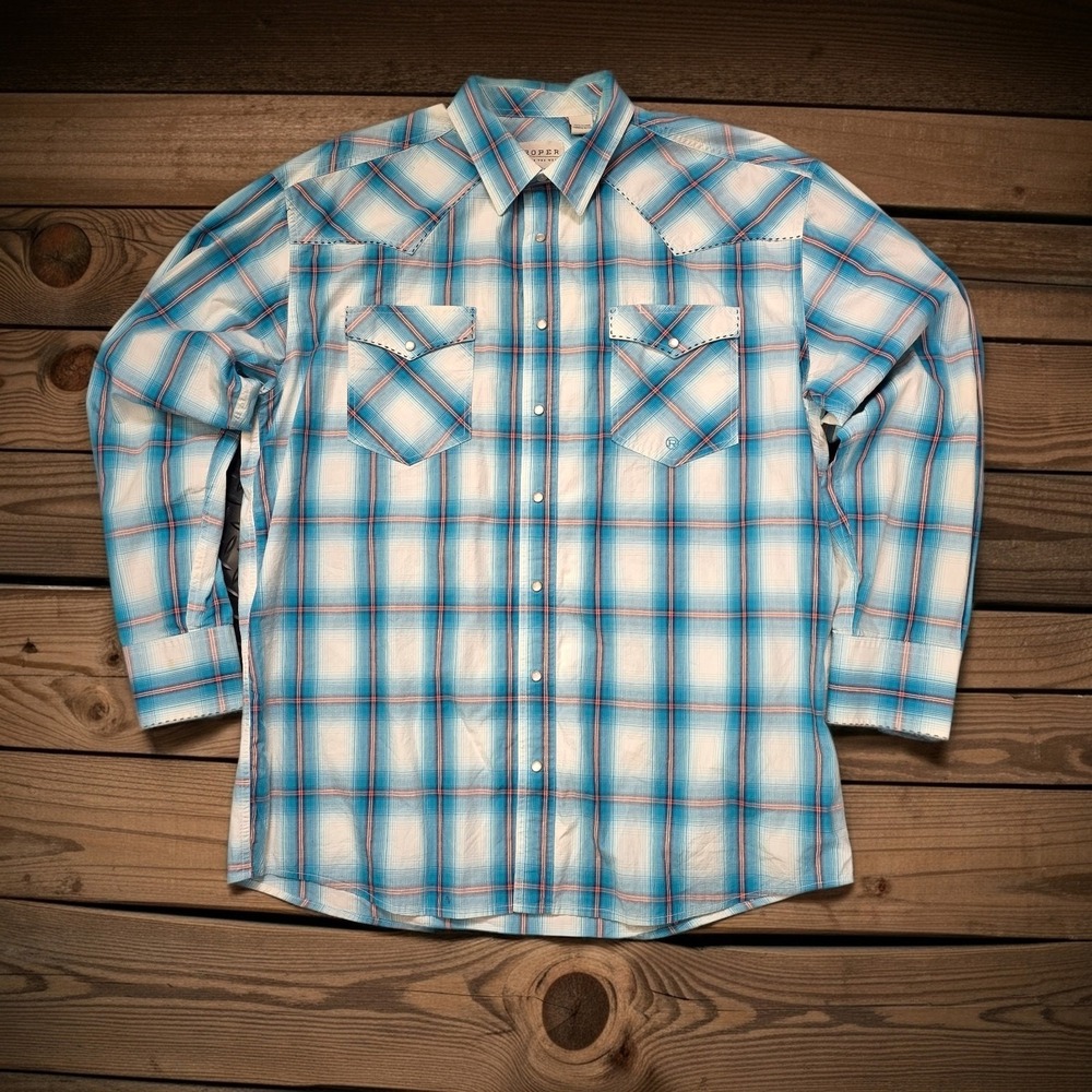 Roper Mens‎ XL Blue Plaid Pearl Snap Western Shirt Long Sleeve Cotton 6030BU